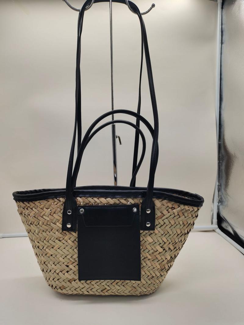 Bags | Black Mini Pu Trim Straw Tote Bag  – Womens Accessories Bags