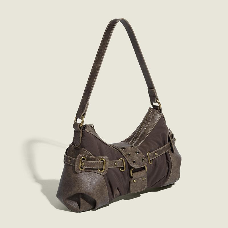 Bags | Brown Distressed Pu Nylon Detail Shoulder Bag  – Womens Accessories Bags