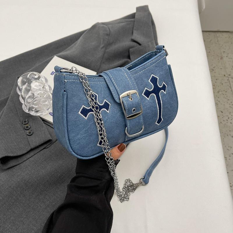 Bags | Denim Contrast Stitch Cross Applique Buckle Shoulder Bag  – Womens Accessories Bags