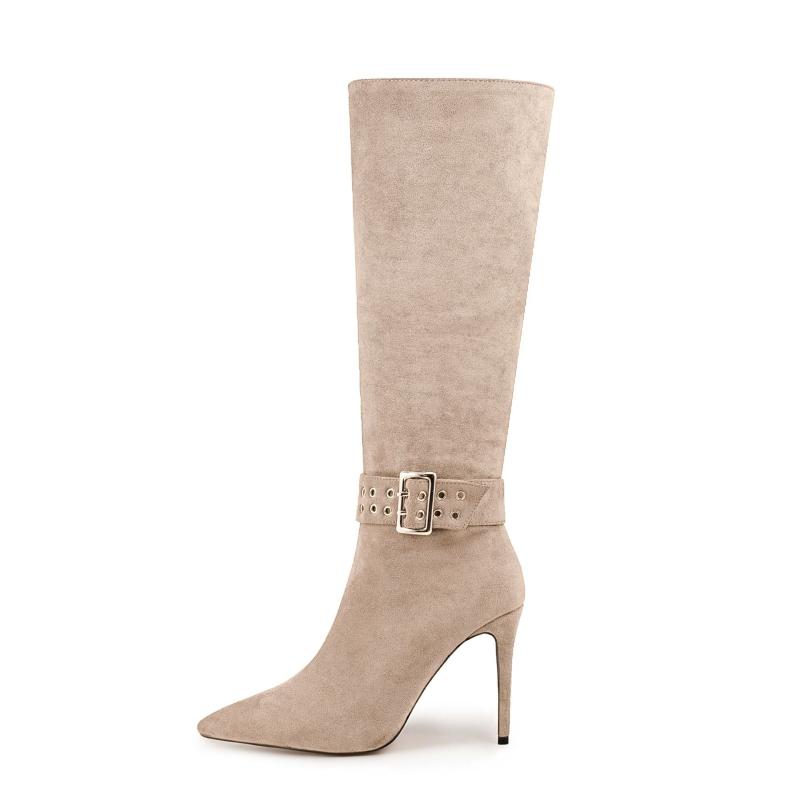 Boots | Beige Faux Suede Point Toe Buckle Strap Knee High Heeled Boots  – Womens Boots Beige