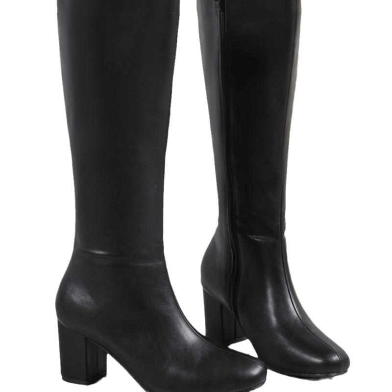 Boots | Black Pu Square Toe Knee High Zip Block High Heel Boots  – Womens Boots Black