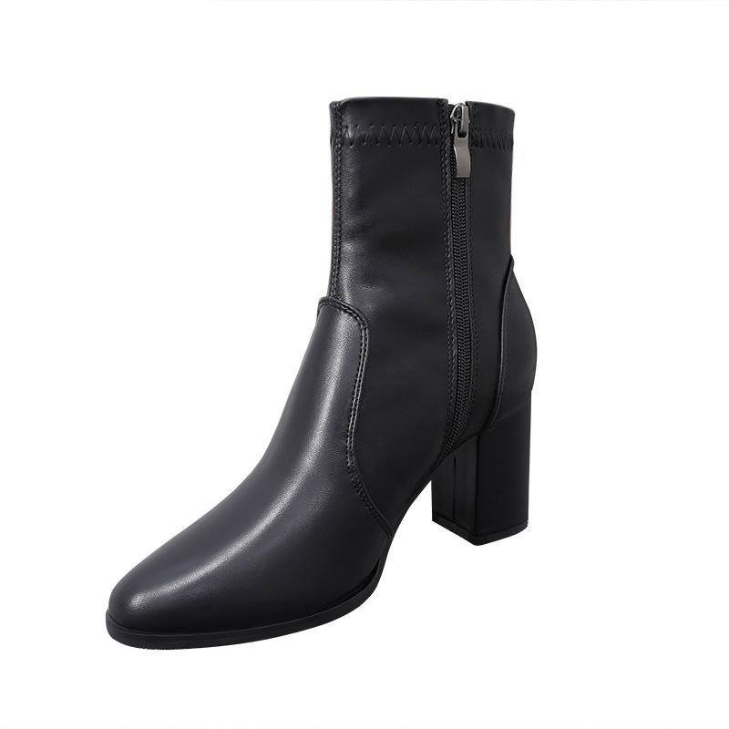 Boots | Black Pu Square Toe Low Block Heel Stretch Ankle Boots  – Womens Boots Black