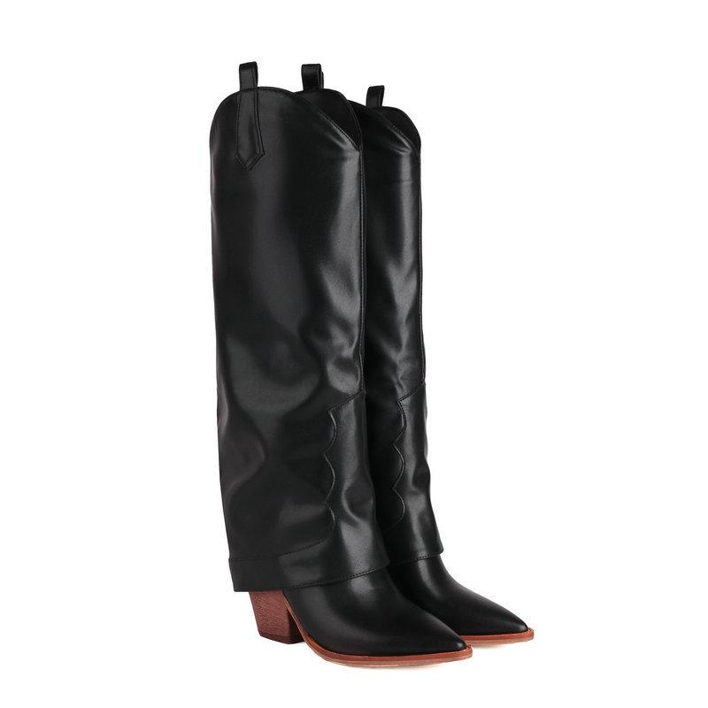 Boots | Black Wide Fit Pu Point Toe Fold Over High Heeled Calf High Boots  – Womens Boots Black