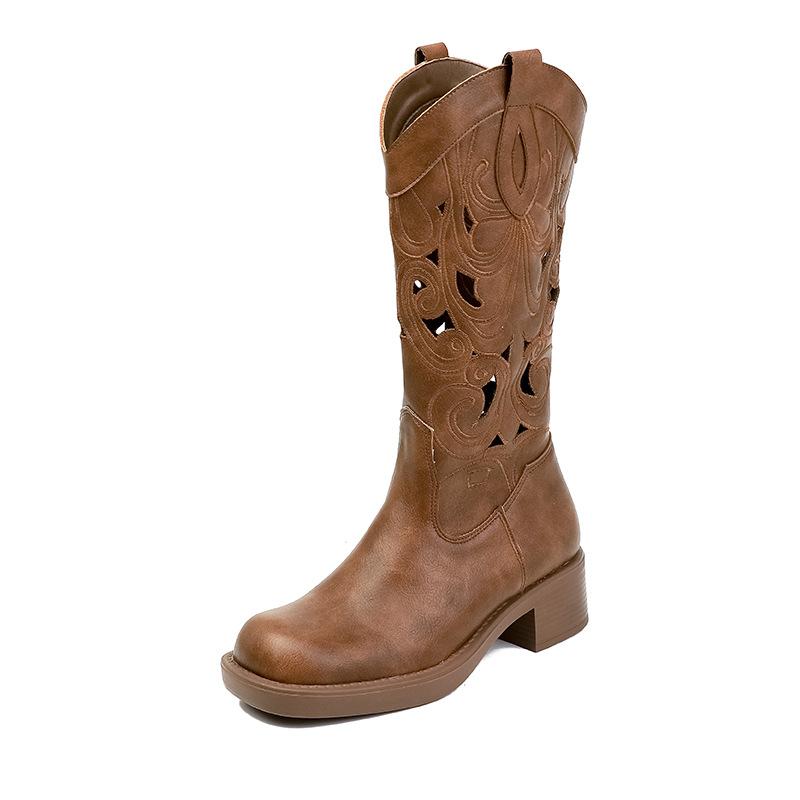 Boots | Brown Grain Pu Point Toe Stud Detail Knee Calf High Western Boots  – Womens Boots Boots