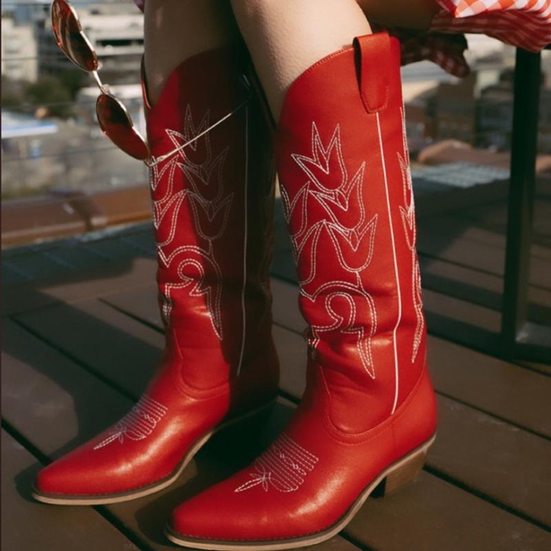 Boots | Cherry Red Pu Point Toe Low Block Heel Stitched Western Boots  – Womens Boots Boots