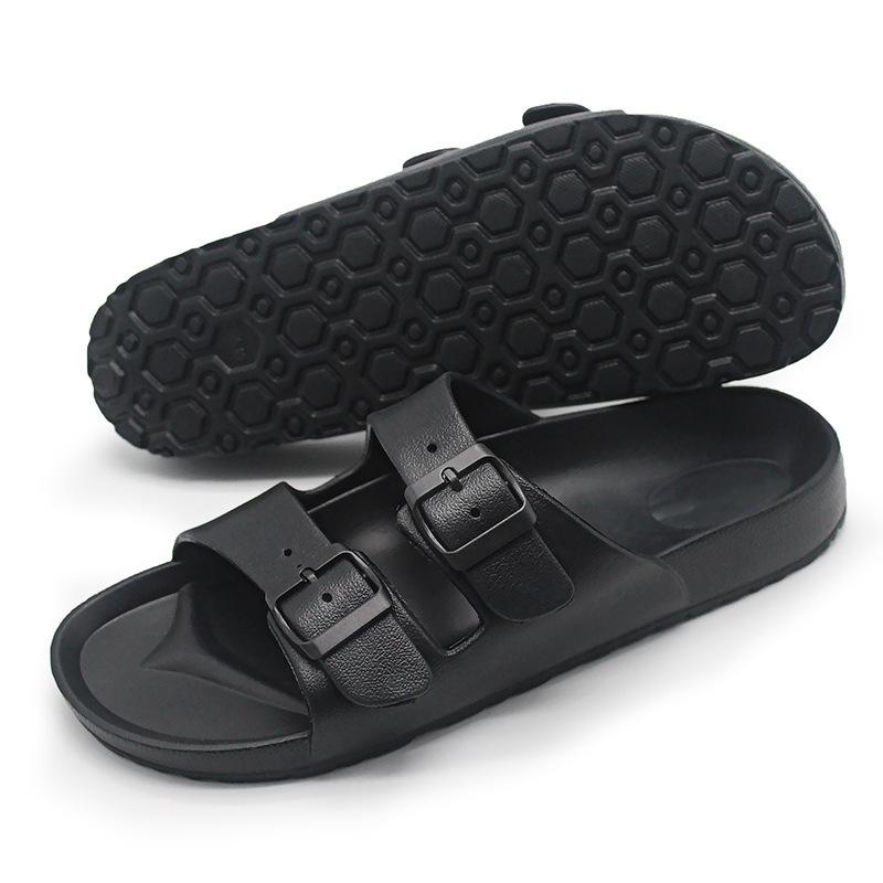 Chunky Sandals | Black Pu Round Toe Double Buckle Strap Chunky Flat Sandals  – Womens Chunky Sandals Black