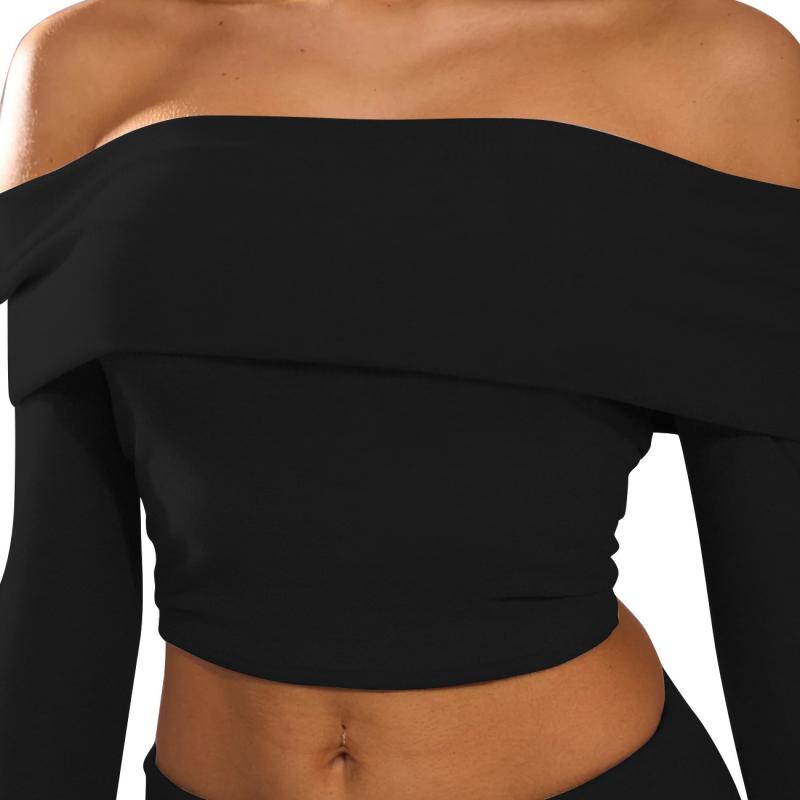 Co-Ords | Black Foldover Button Detail Off The Shoulder Top  – Womens Clothing Black