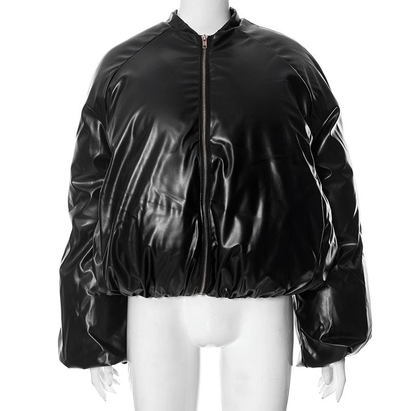 Coats & Jackets | Black Faux Leather Oversized Bomber Jacket  – Womens Clothing Black