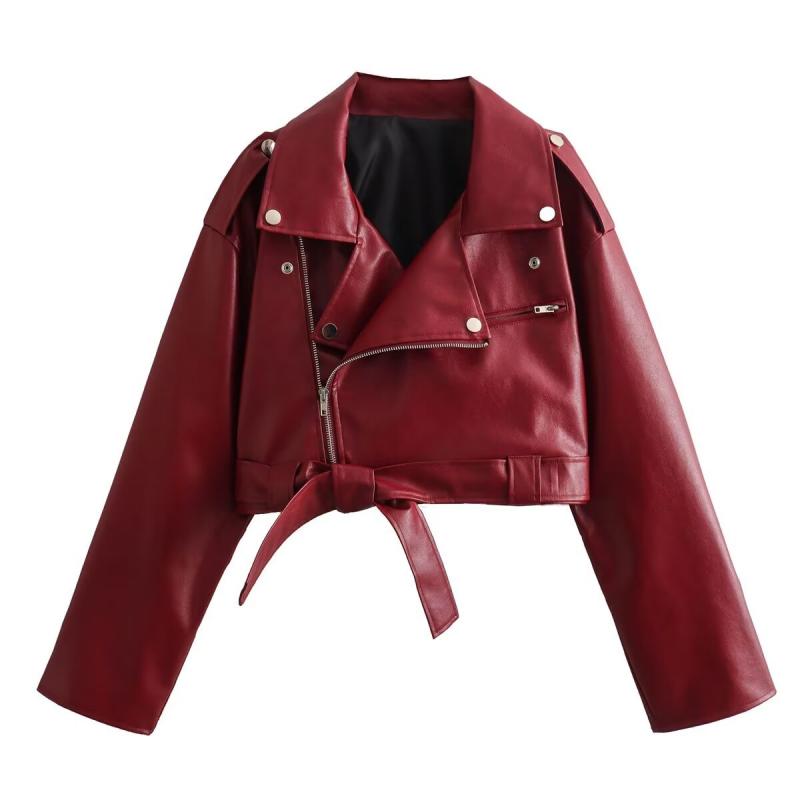 Coats & Jackets | Bright Red Patent Faux Leather Belt Detail Cropped Biker Jacket  – Womens Clothing Bright Red