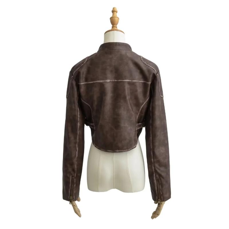 Coats & Jackets | Brown Distressed Faux Leather Star Embroidery Biker Jacket  – Womens Clothing Brown