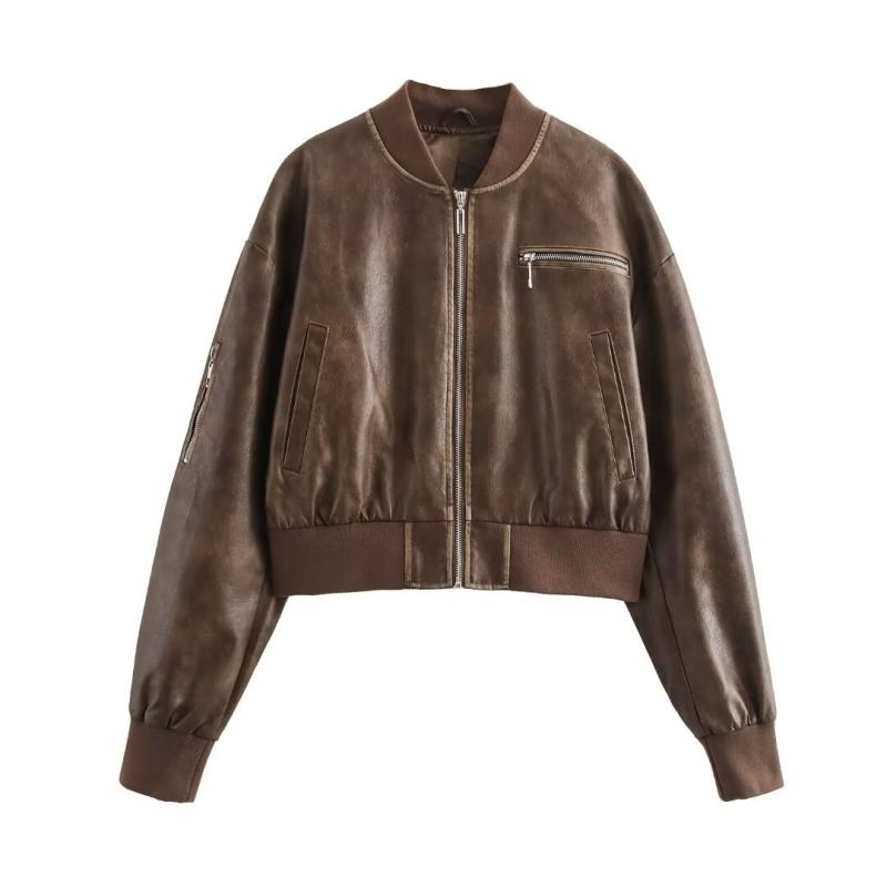 Coats & Jackets | Brown Faux Leather Mottled Texture Zip Detail Bomber Jacket  – Womens Clothing Brown