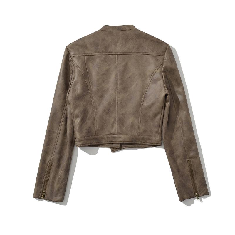 Coats & Jackets | Brown Faux Leather Panel Details Biker Jacket  – Womens Clothing Brown