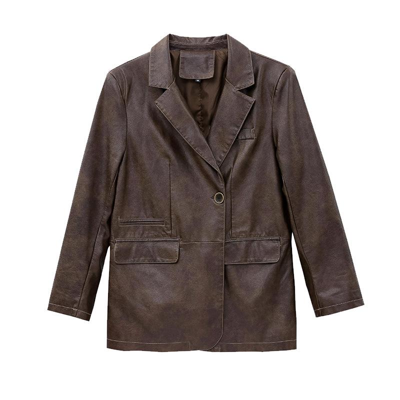 Coats & Jackets | Chocolate Brown Washed Pu Pocket Oversized Blazer  – Womens Clothing Choc Brown