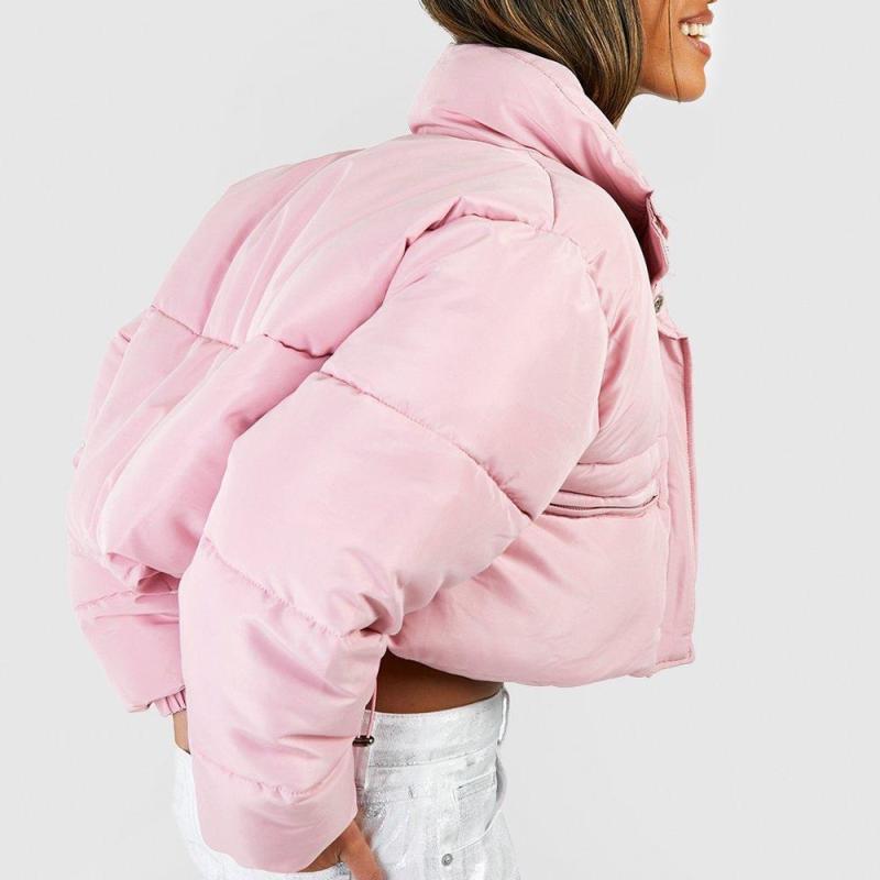 Coats & Jackets | Pink Back Bow Detail Cropped Puffer Jacket  – Womens Clothing Coats & Jackets