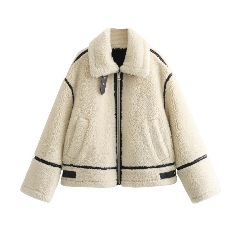 Coats & Jackets | White Faux Leather Contrast Trim Teddy Aviator Jacket  – Womens Clothing Coats & Jackets