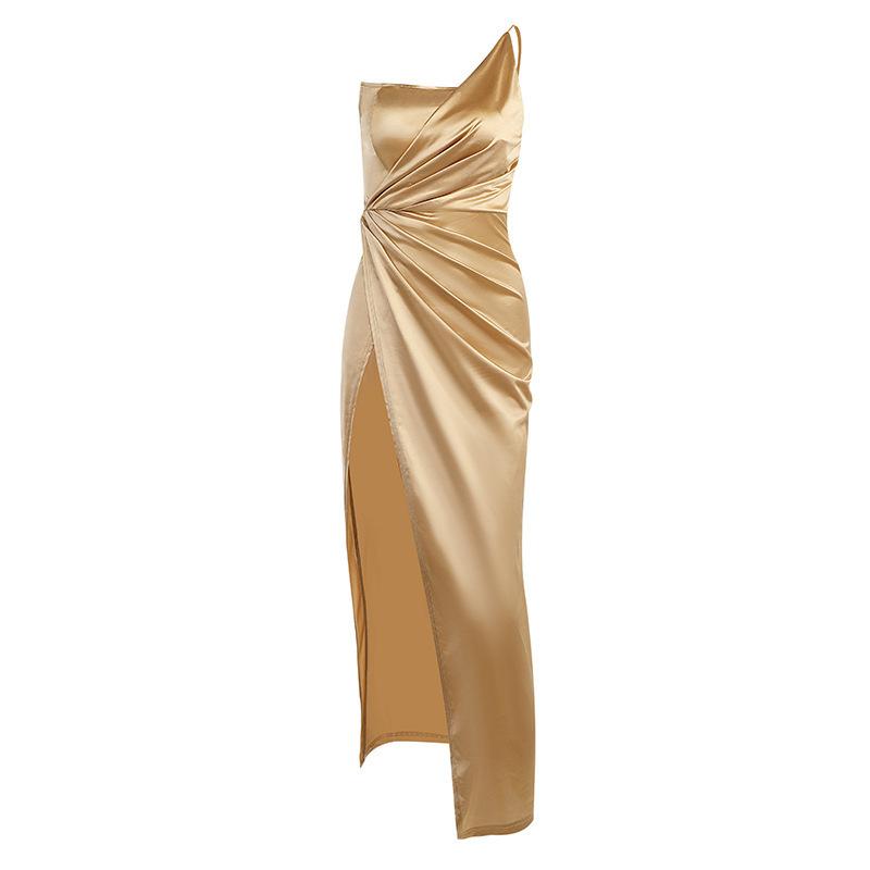 Dresses | Champagne Stretch Satin Low Back Halterneck Maxi Dress  – Womens Clothing Champagne