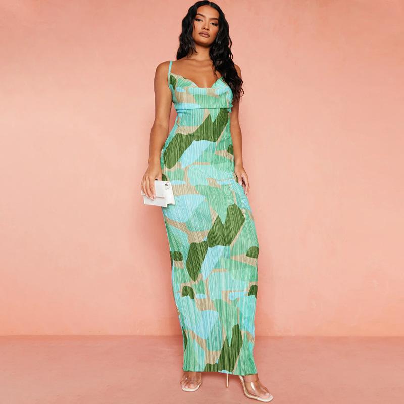 Dresses | Green Abstract Print Plisse Strappy Maxi Dress  – Womens Clothing Dresses