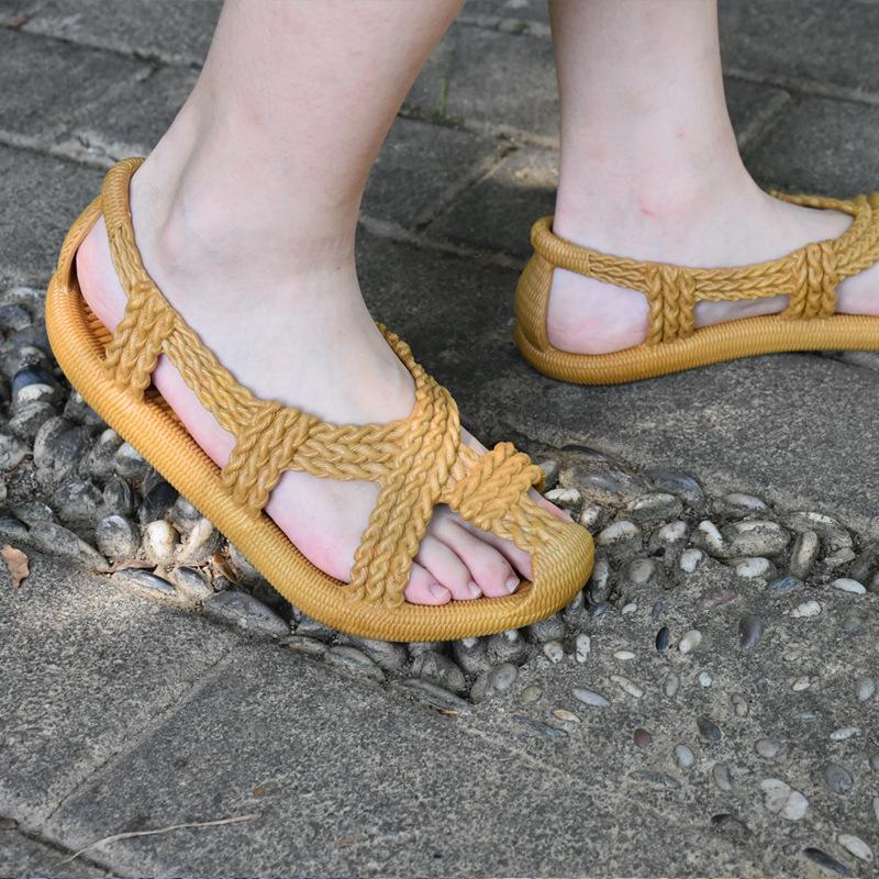 Flats | Beige Real Leather Round Toe Rope Twist Strap Flat Sandals  – Womens Flats Beige