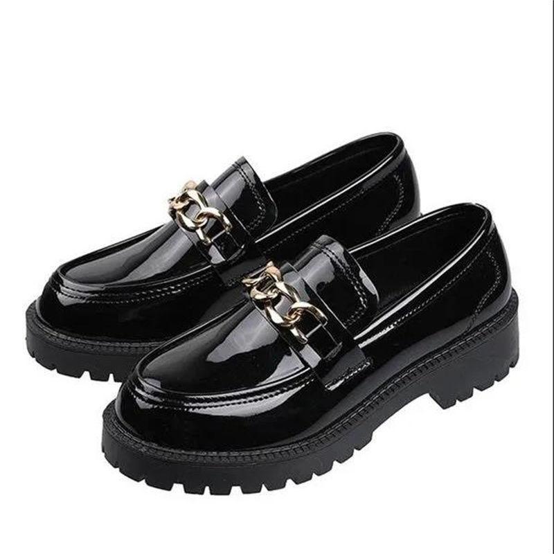 Flats | Black Pu Round Toe Chunky Sole Chain Loafers  – Womens Flats Black