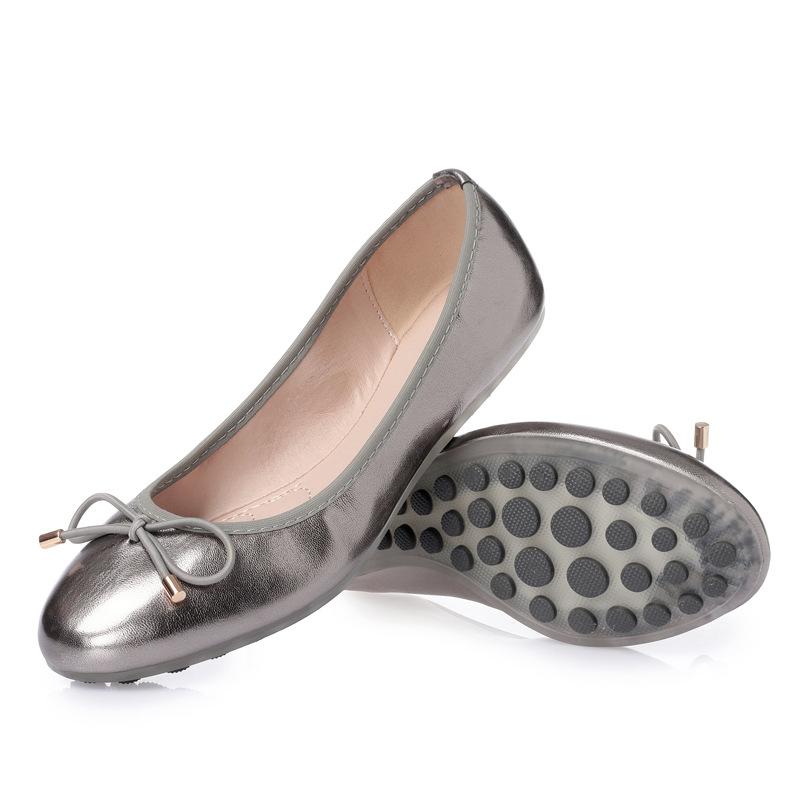 Flats | Silver Pu Round Toe Bow Detail Ballet Pumps  – Womens Flats Flats