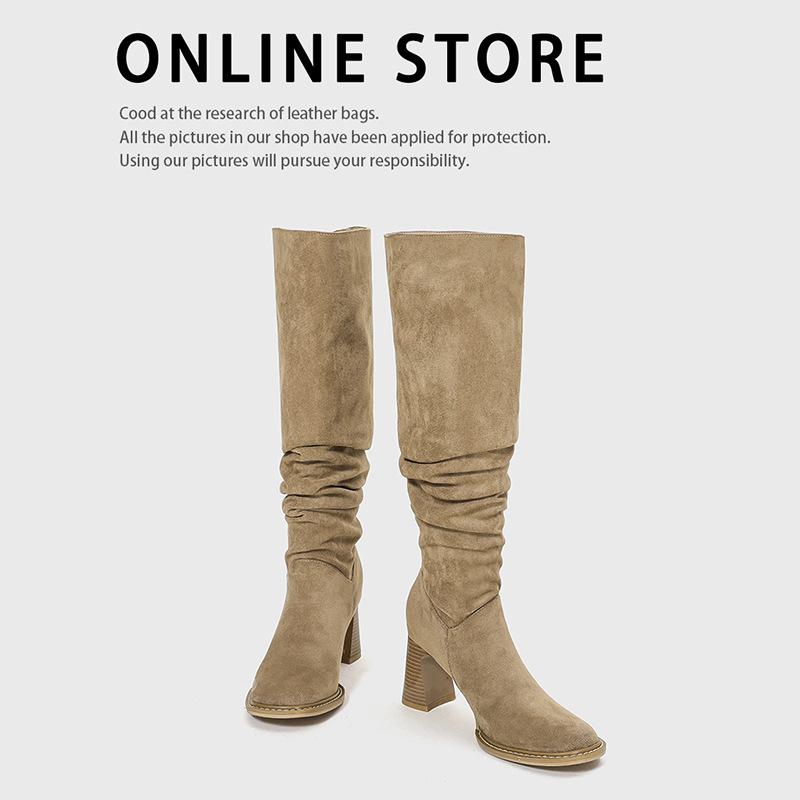 Heels | Beige Faux Suede Point Toe Low Block Heeled Knee High Boots  – Womens Heels Beige