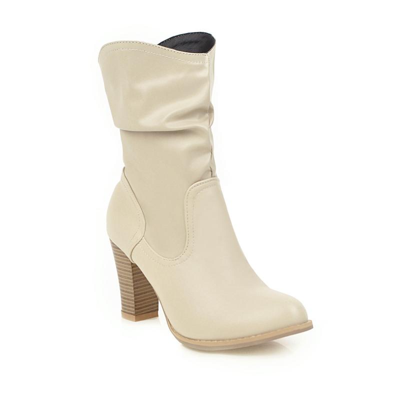 Heels | Beige Pu Square Toe Low Block Heel Stretch Ankle Boots  – Womens Boots Beige