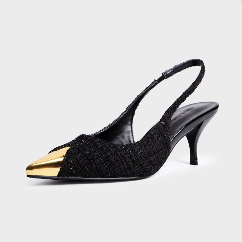 Heels | Black Boucle Metal Toe Cap High Stiletto Court Heels  – Womens Heels Black