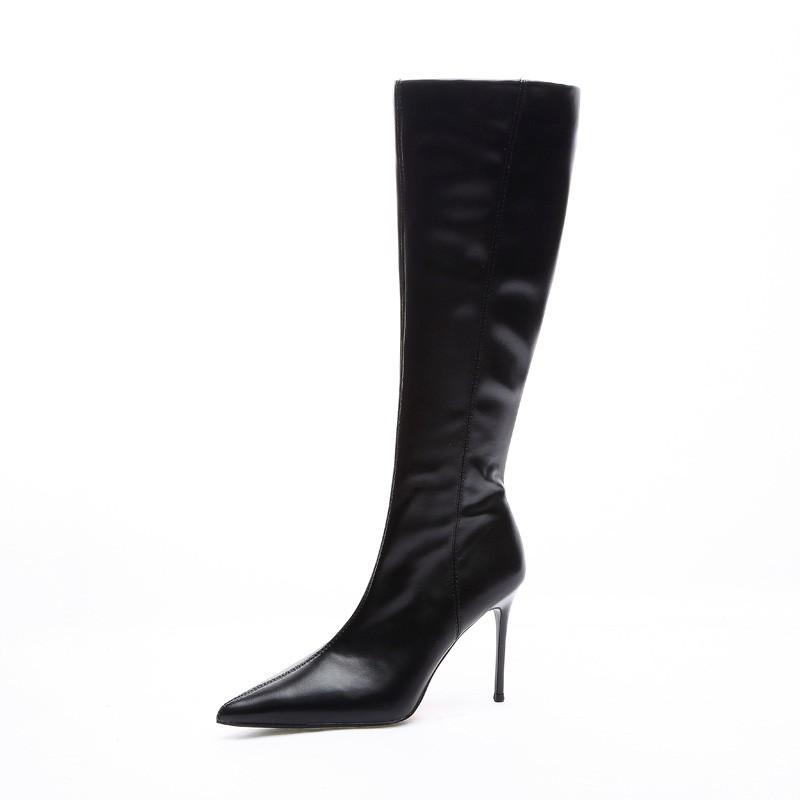 Heels | Black Pu Detail Point Toe Stiletto Heeled Knee Boots  – Womens Boots Black