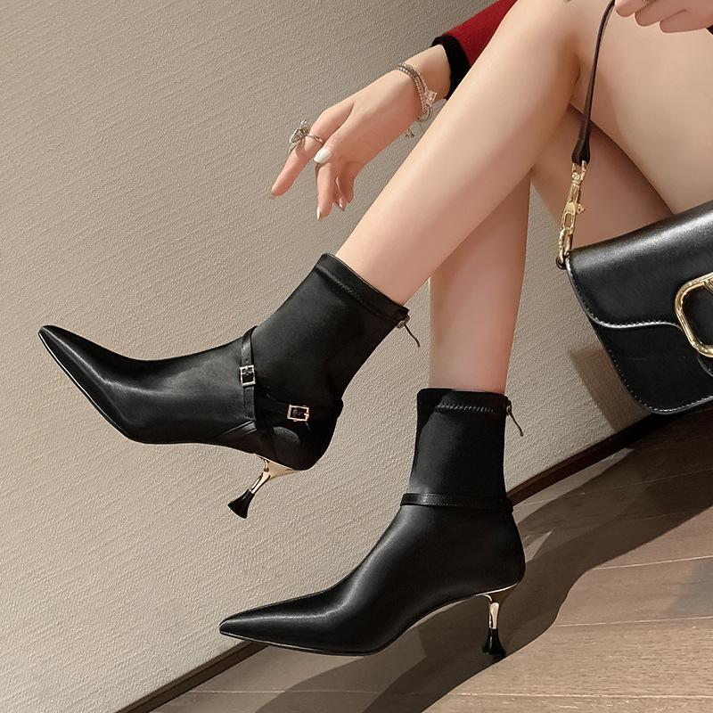 Heels | Black Pu Point Toe Buckle Strap Calf High Heeled Boots  – Womens Heels Black