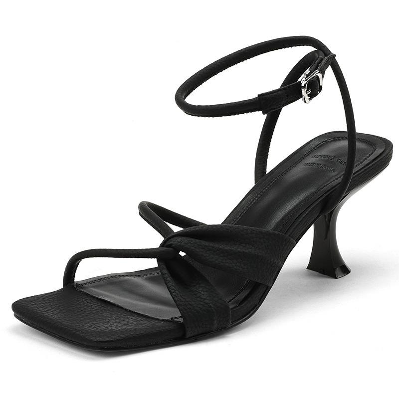 Heels | Black Pu Square Toe Asymmetric Tube Strap  Heeled Sandals  – Womens Heels Black