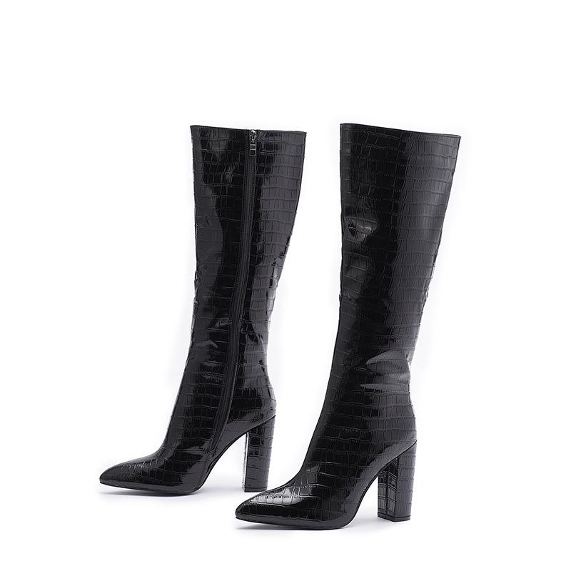 Heels | Black Wide Fit Pu Croc Square Toe Mid Block Heeled Knee Boots  – Womens Heels Black