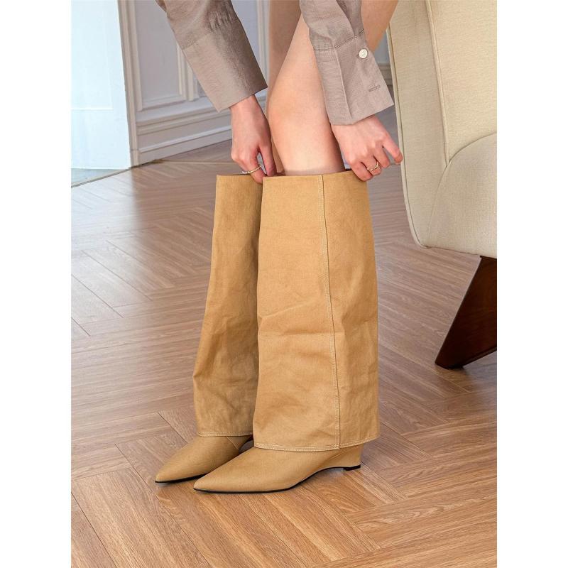 Heels | Camel Wide Fit Pu Fold Over Knee High Block Heeled Western Boots  – Womens Boots Boots