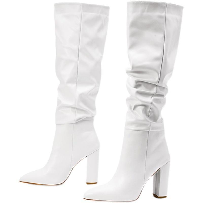 Heels | Cream Matte Pu Round Toe Ruched Over The Knee Block Heeled Boots  – Womens Boots Boots