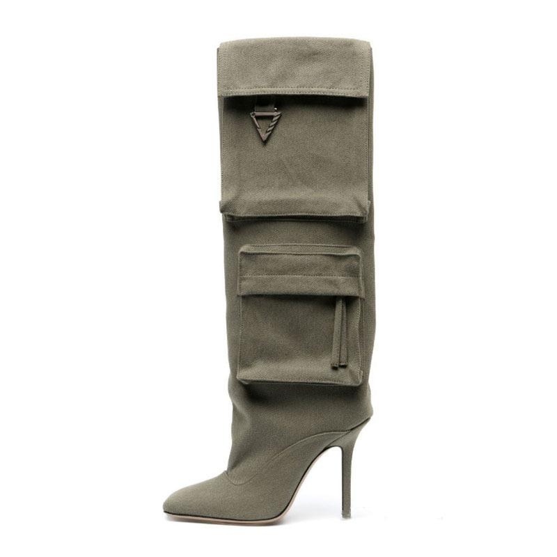 Heels | Khaki Wide Fit Denim Point Toe Pocket Detail Low Heeled Knee Boots  – Womens Boots Boots