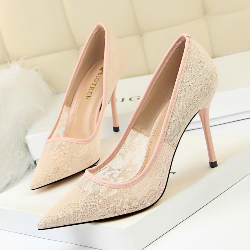 Heels | Pink Lace Wide Fit High Stiletto Court Heels  – Womens Heels Heels