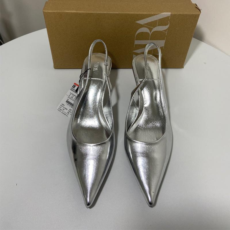 Heels | Silver Pu Point Toe Sling Back Mid Heeled Courts  – Womens Heels Heels