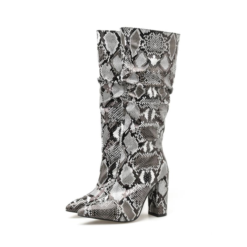 Heels | Snake Print Pu Point Toe Ruched Stiletto Heeled Knee Boots  – Womens Heels Heels