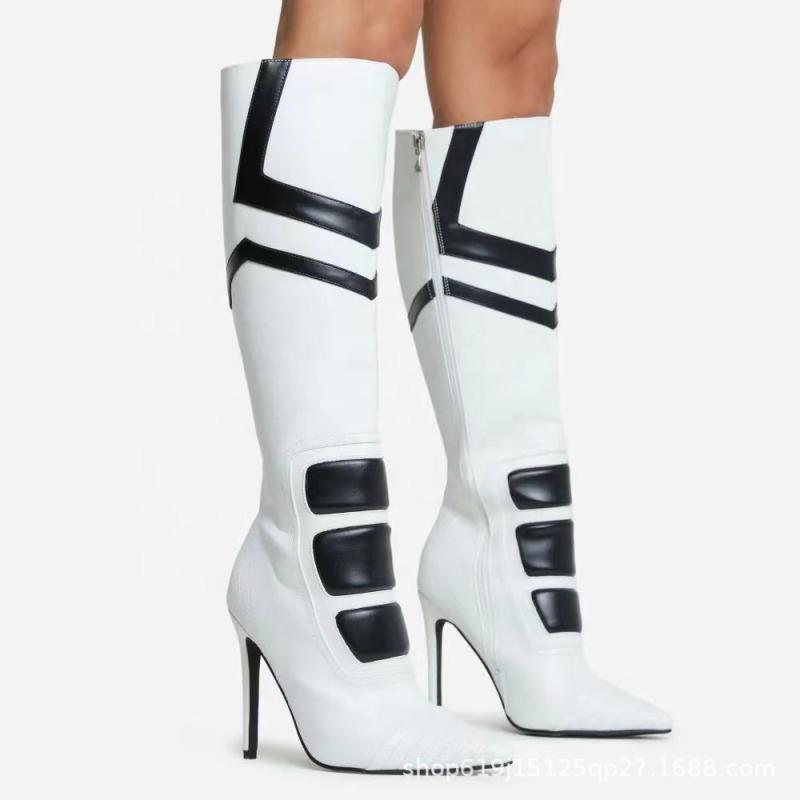 Heels | White Pu Point Toe Motor Cross Contrast High Heeled Knee Boots  – Womens Heels Heels