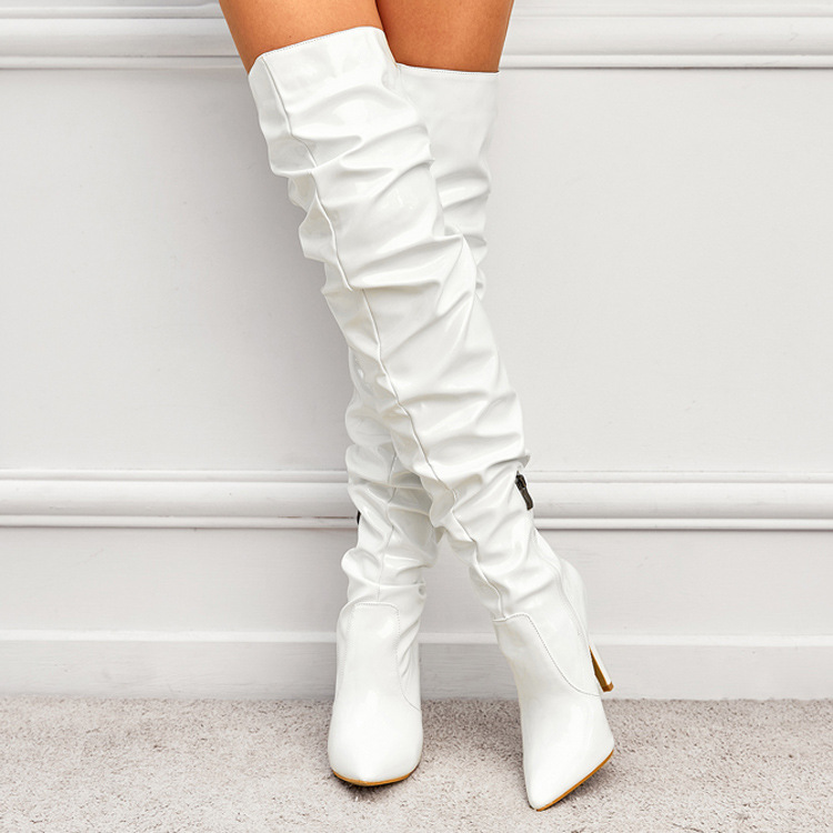 Heels | White Pu Point Toe Western Style High Heeled Over The Knee Boots-1  – Womens Heels Heels