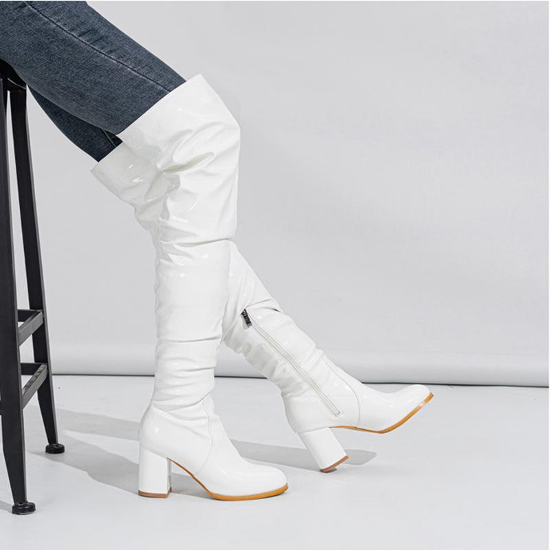 Heels | White Round Block Heel Knee High Boots  – Womens Heels Heels