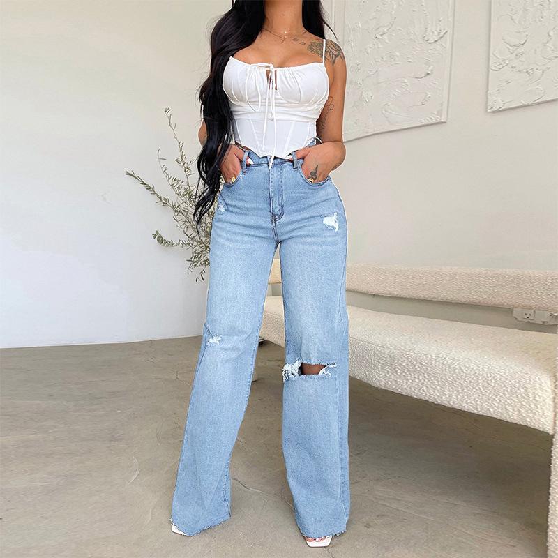 Jeans | Prettylittlething Light Blue Wash Open Knee Boyfriend Jeans  – Womens Clothing Jeans