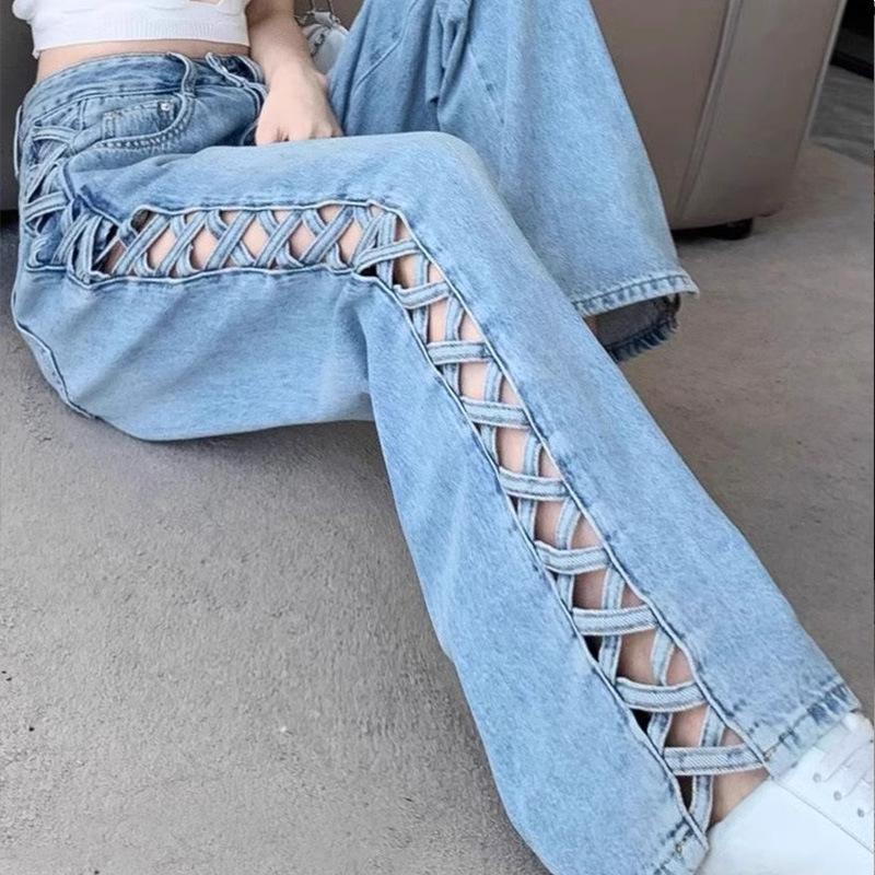 Jeans | Shape Stone Denim Lace Up Front Raw Waist Wide Leg Jeans  – Womens Clothing Jeans