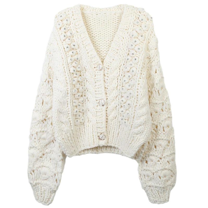 Knitwear | Cream Loop Knit V Neck Button Up Cardigan  – Womens Clothing Cream