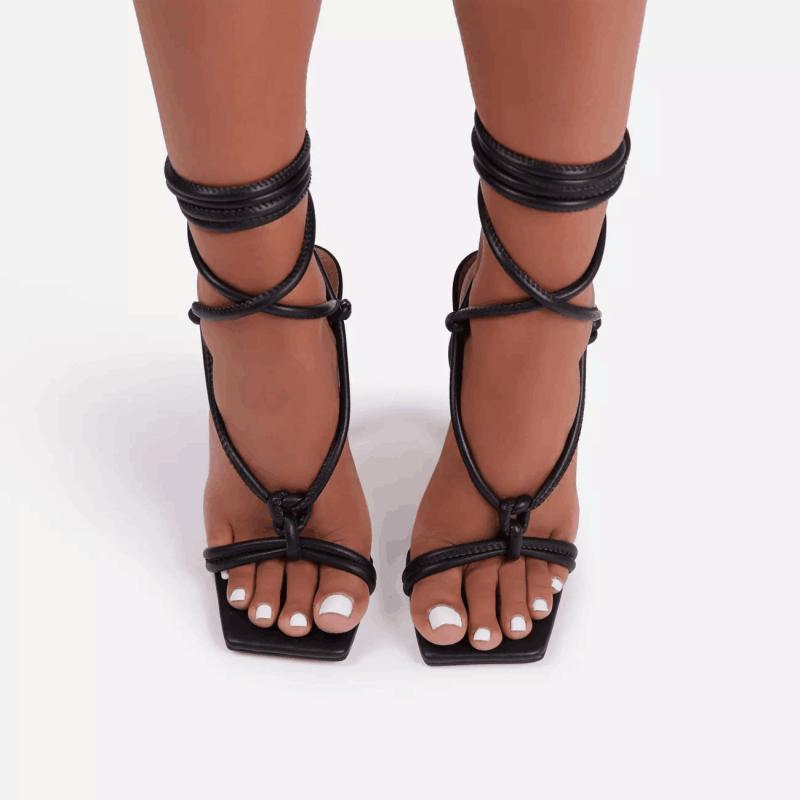 Lace Up Heels | Black Pu Square Toe Lace Up Mid Heeled Sandals  – Womens Lace Up Heels Black