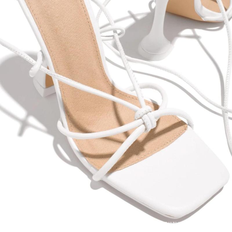 Lace Up Heels | White Pu Toe Detail Lace Up High Block Heeled Sandals  – Womens Lace Up Heels Lace Up Heels