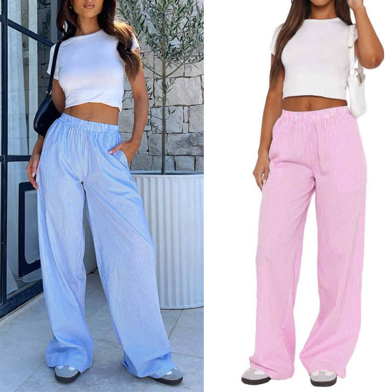 Loungewear | Pink Stripe Croissant Bow Long Trouser Lace Detail Set  – Womens Clothing Loungewear