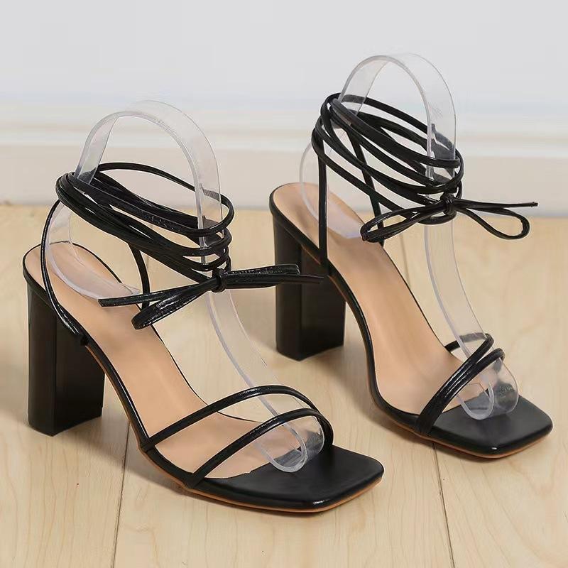 Mules | Black Faux Suede Toe Detail Lace Up High Block Heeled Sandals  – Womens Heels Black