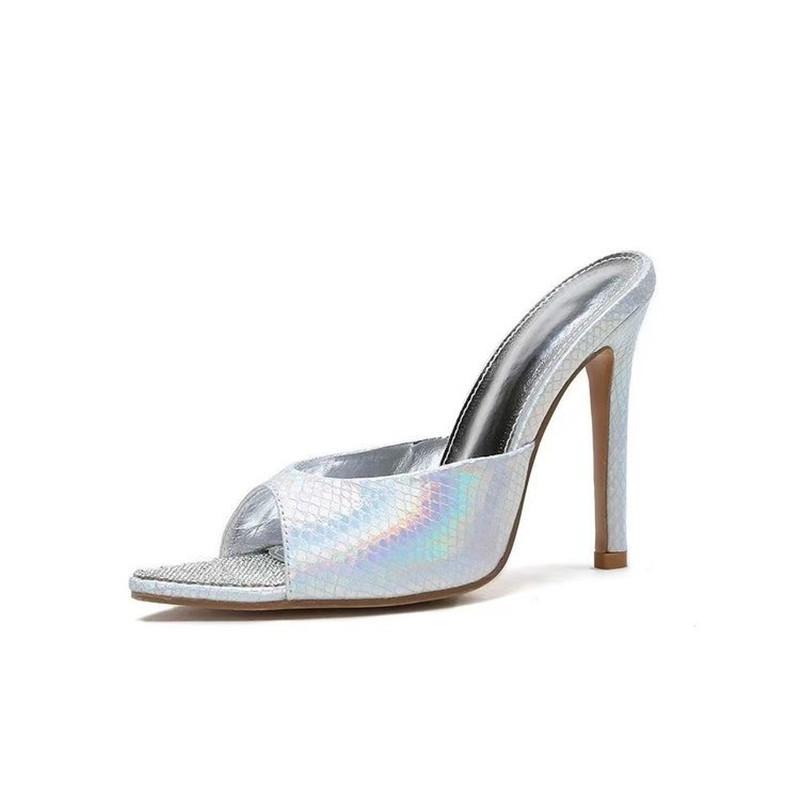 Mules | Silver Metallic Croc Pu Round Toe High Heeled Mules  – Womens Mules Mules