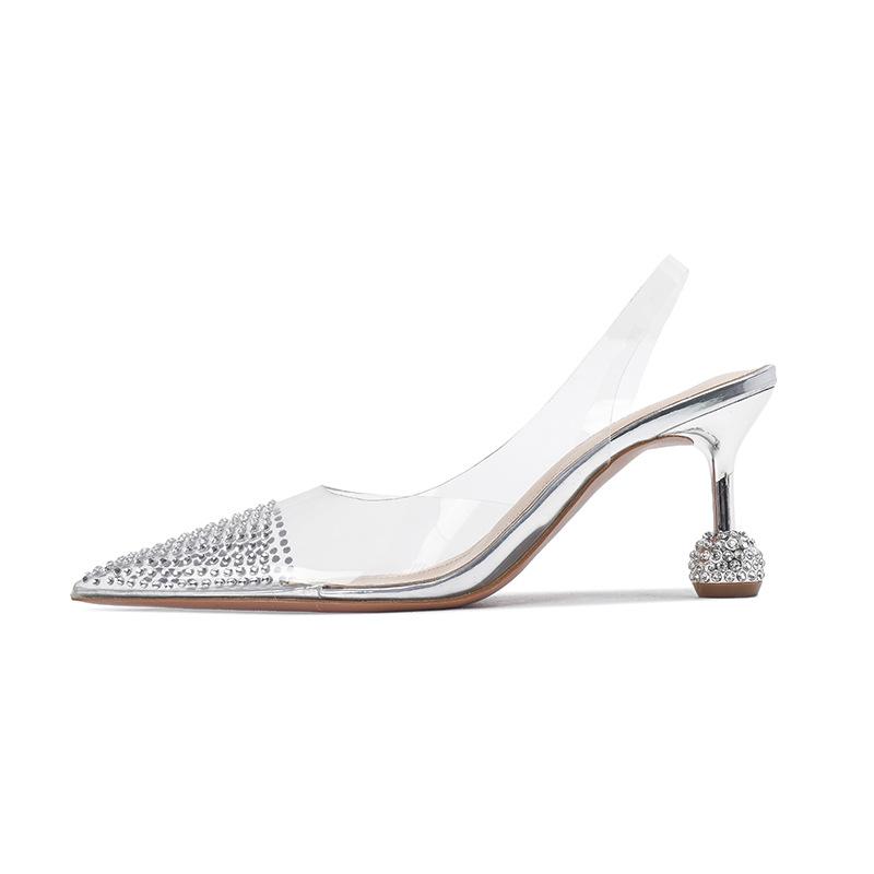 Mules | Silver Vinyl Point Toe Diamante Contrast High Heeled Court Mules  – Womens Mules Mules