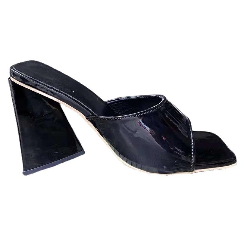 Peep Toe Shoes | Black Patent Pu Cut Out Heeled Mule Wedges  – Womens Mules Black